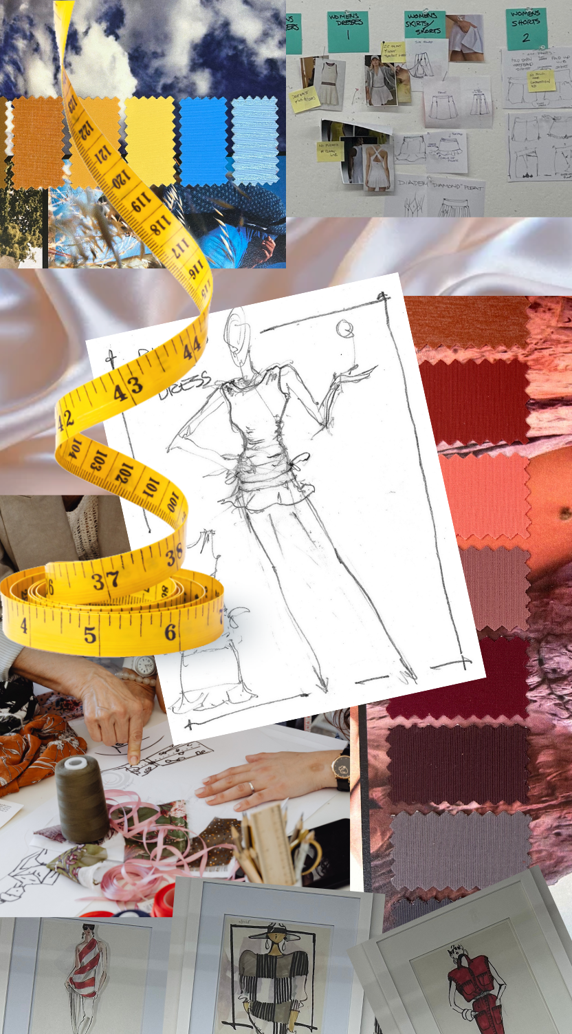 Collage of fashion design elements including fabric swatches, a tape measure, and fashion sketches.